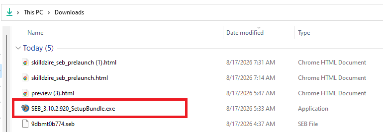 Windows Downloads folder showing the Safe Exam Browser installer