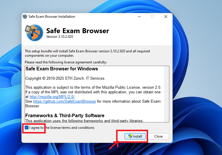 Safe Exam Browser installation window with license checkbox and Install button