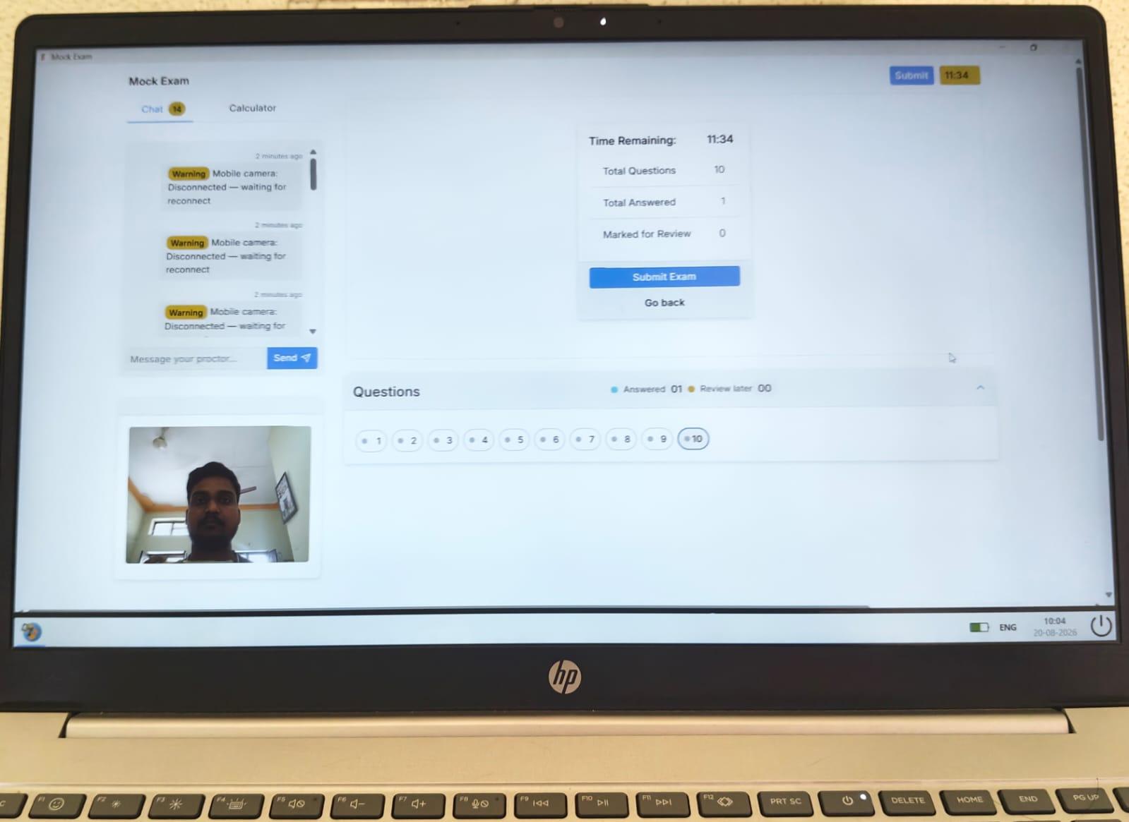 Submit Exam screen